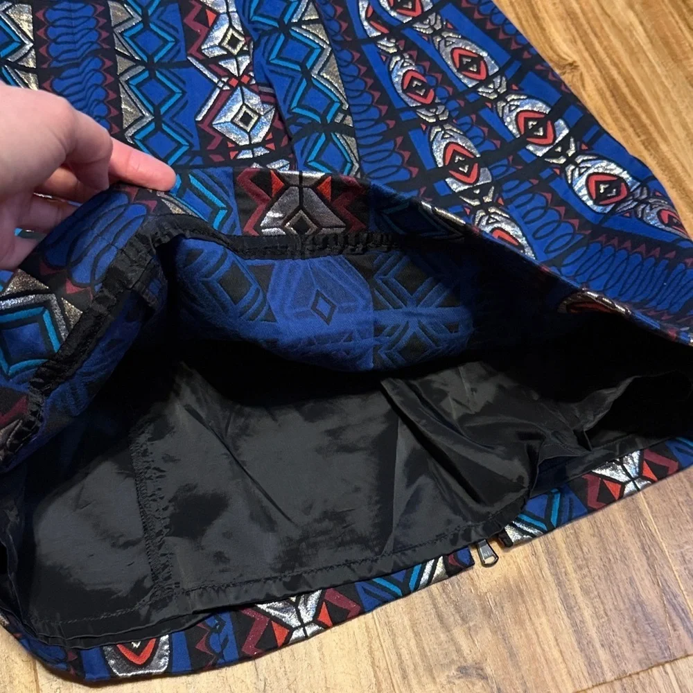 J crew women 12 large skirt mini knee zip split Geometric Blue Black silver gold
